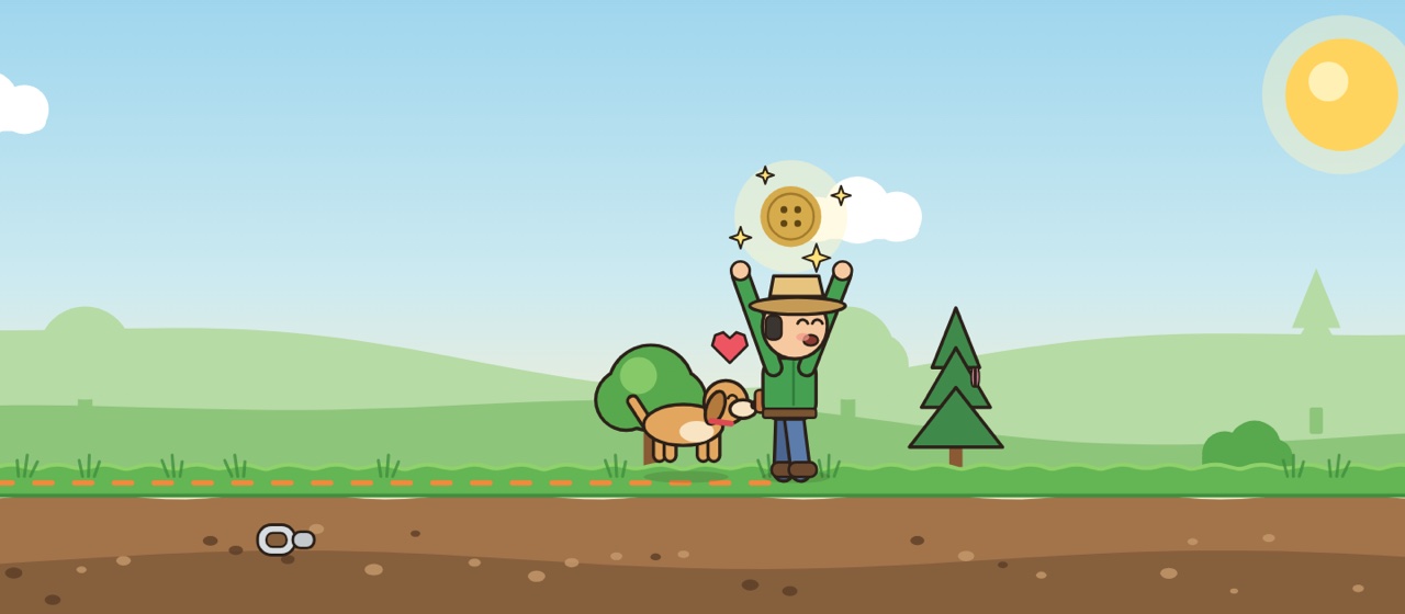 Illustration: a cheering detectorist and their dog celebrate an old button dug from a grassy field, with the hunt route dotted behind them