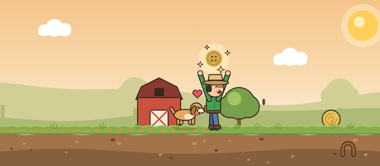 Illustration: a cheering detectorist and their dog celebrate an old button found beside a red barn, with the hunt route dotted behind them