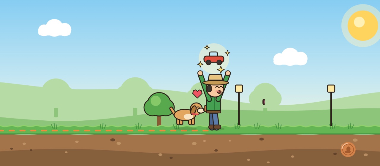 Illustration: a cheering detectorist and their dog celebrate a toy car found in a park, with the hunt route dotted behind them