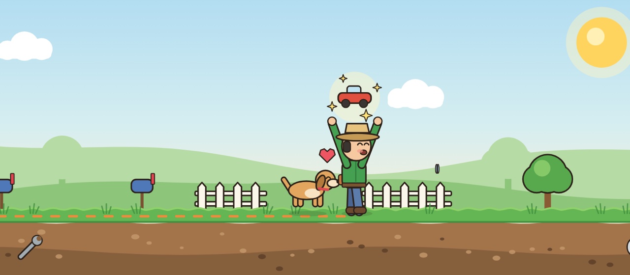 Illustration: a cheering detectorist and their dog celebrate a toy car found in a fenced yard, with the hunt route dotted behind them
